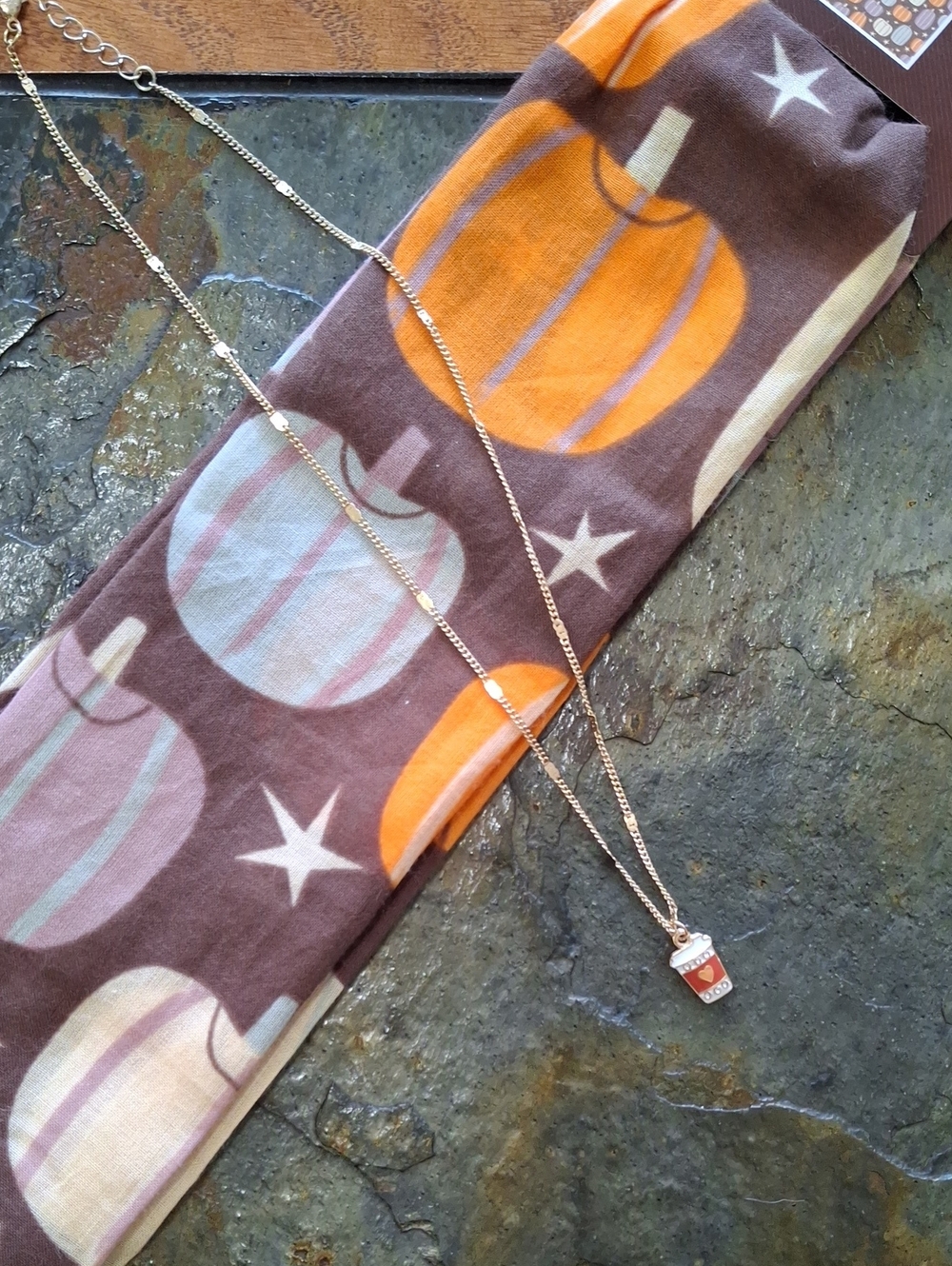Gold-Tone Pumpkin Spice Latte Necklace & Bandana/Twilly